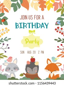 Cute animal theme birthday party invitation card vector.