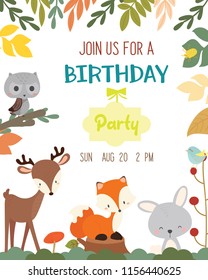 Cute animal theme birthday party invitation card vector.