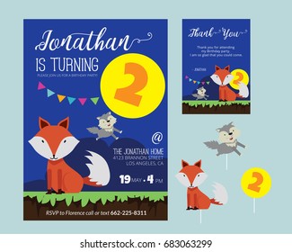 Cute Animal Theme Birthday Party Invitation And Thank You Card Illustration Template