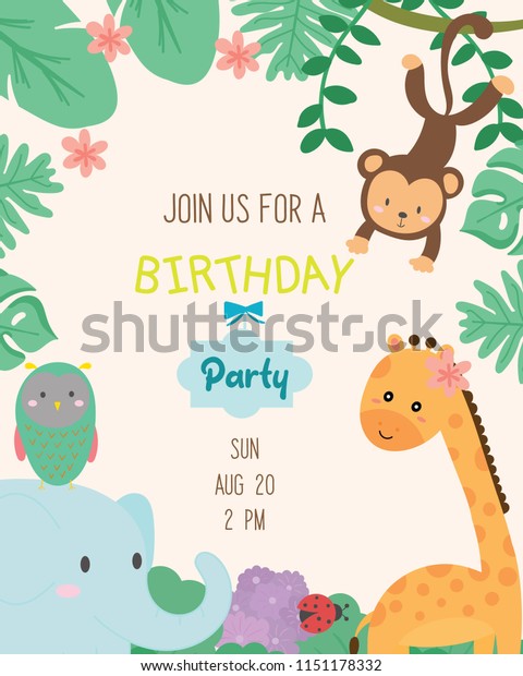 Cute animal theme birthday party invitation\
card vector illustration.