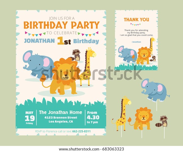 Cute Animal Theme Birthday Party\
Invitation And Thank You Card Illustration\
Template