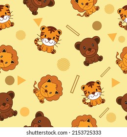 Cute Animal Tiger Bear and Lion Seamless Pattern doodle for Kids and baby