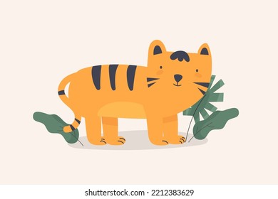 Cute animal tiger poster with leaf, nursery decoration, safari illustration, animal baby mascot.