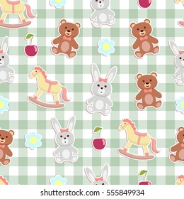 Cute animal toy seamless checkered background.