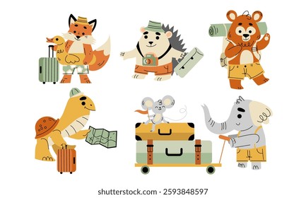 Cute Animal Traveler on Summer Vacation with Luggage Having Trip Vector Set