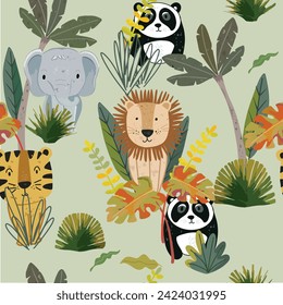 Cute animal in the tropical forest seamless pattern