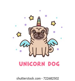 Cute animal in a unicorn costume. Kawaii dog of Pug breed isolated on white background. Cartoon kids vector illustration