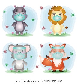 cute animal using face shield and mask : hippo, lion, koala and fox
