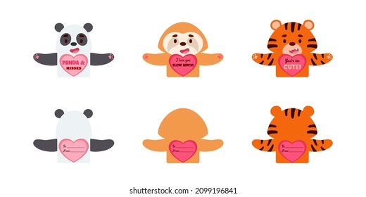 Cute animal Valentines Day gift cards candy holder cards for kids. Great gift option school classroom prizes, gift exchange, Valentine party favors, love notes and more. Vector stock illustration