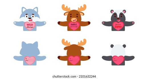 Cute animal Valentines Day gift cards candy holder cards for kids. Great gift option gift exchange, school classroom prizes, Valentine party favors, love notes and more. Vector stock illustration