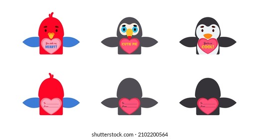 Cute animal Valentines Day gift cards candy holder cards for kids. Great gift option gift exchange, school classroom prizes, Valentine party favors, love notes and more. Vector stock illustration