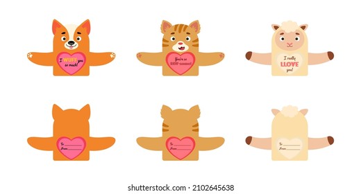 Cute animal Valentines Day gift cards candy holder cards for kids. Great gift option school classroom prizes, gift exchange, Valentine party favors, love notes and more. Vector stock illustration