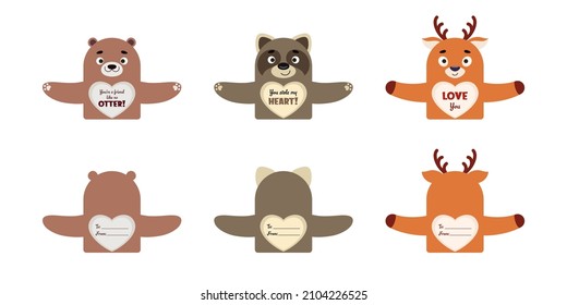 Cute animal Valentines Day gift cards candy holder cards for kids. Great gift option gift exchange, school classroom prizes, Valentine party favors, love notes and more. Vector stock illustration