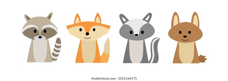 Cute animal vector art. Autumn animal. Rabbit. Fox. Squirrel. Racoon. Animal character. Cartoon animals. 