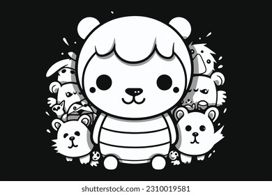 cute animal vector black and white color.