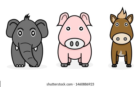 Cute animal vector consisting of elephants, pigs and horses.