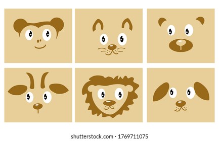 Cute animal vector drawings: monkey, cat, bear, goat, lion, dog. Perfect for printing on children's clothes, notebooks, bags.