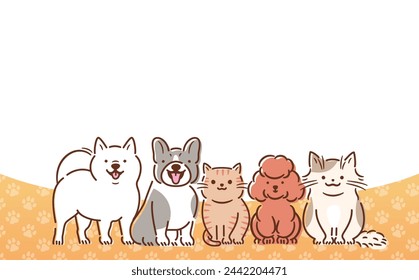 Cute animal vector frame design with footprint pattern background and copy space for dog and cat headline titles.	