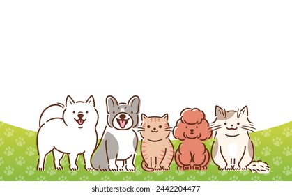 Lindo diseño de marco vectorial animal con fondo de patrón de huella y espacio de copia para títulos de titulares de perros y gatos.