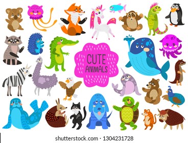 Cute animal vector illustration. Cartoon cute animals isolated on white background. Different animals.
