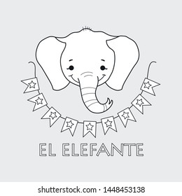 Cute animal vector illustration. A elephant head in cartoon style.Cartoon happy lion isolated on white background. Concept for children print. spanish alphabet with animal.