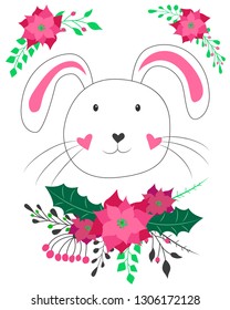 Cute animal. Vector illustration. Handmade style. Hare, rabbit on a white background. Print for children's clothing, posters and other. The hare is decorated with bouquets of flow