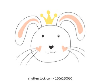 Cute animal. Vector illustration. Handmade style. Hare, rabbit on a white background. Print for children's clothing, posters and other. Hare with a crown.