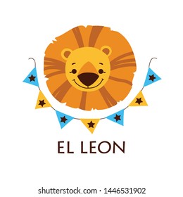 cute animal vector illustration. A lion head in cartoon style. Cartoon happy lion isolated on white background. Concept for children print. spanish alphabet with animal.