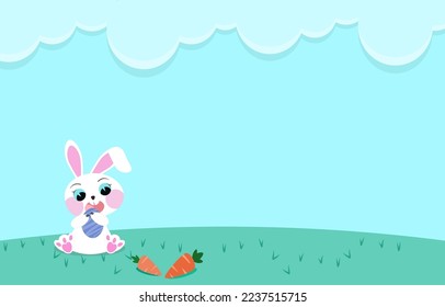 cute animal vector illustration  a rabbit sitting on the green grass  Under the clouds on a bright day staring at delicious carrots.