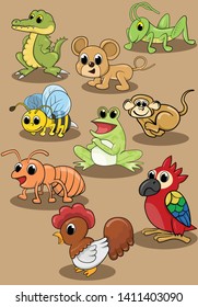 Cute animal vector illustration set crocodile grasshopper rat bee frog monkey ant bird chicken