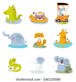 Cute Animal Vector illustration.Fun zoo. Illustration of cute alligator, crocodile, elephant, jellyfish, cat, bear, giraffe, fox, koala, iguana.