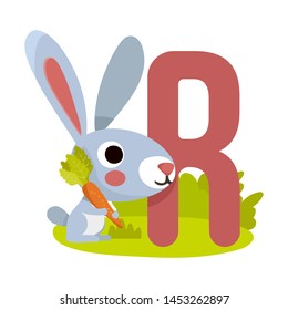 Cute Animal Vector illustration.Fun zoo. Illustration of cute rabbit, bunny. Letter R for the Rabbit.