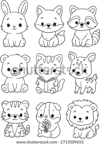 Cute animal vector set featuring woodland and wild animals like a bunny, fox, raccoon, bear, tiger, and lion. Perfect cartoon illustration for kids' designs, nursery decor, educational materials.