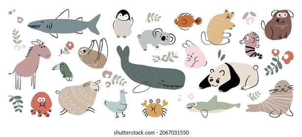 Cute animal vector set. Hand drawn characters.Vector illustration