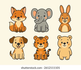 Cute animal vector set with six adorable cartoon characters. fox, elephant, rabbit, dog, tiger, bear.