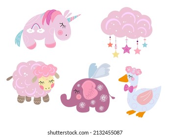 cute animal vector sticker set, boho style, newborns, illustrations