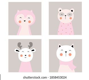 Cute animal vector. Template for Nursery, decoration room. Can be use for baby or kids design. Scandinavian flat style.