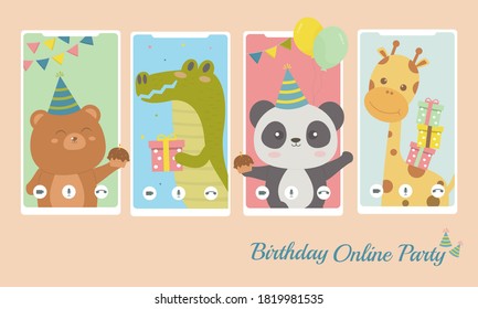 Cute Animal Video Conference Call Party Online via Mobile, Panda and Bear holding cupcakes, Crocodile holding gift boxes, Gift boxes on giraffe back,Small Party from home concept,vector illustration.