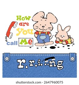 cute animal waiting for the phone to ring, Cartoon Animal, Flat Vector Illustration