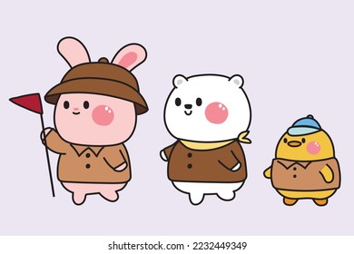 Cute animal walking on background.Jungle camping costume concept.Adventure.Forest.Character cartoon design.Rabbit,bear,chicken hand drawn.Kawaii.Vector.Illustration.