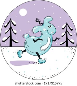 A cute animal is walking in the snow. Snowy funny monster in the mountains on a background of snow