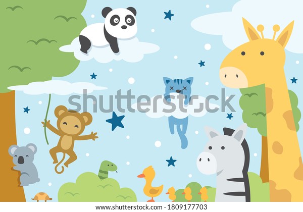 Cute Animal Wallpaper Baby Kids Room Stock Vector (Royalty Free) 1809177703