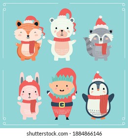 cute animal wearing christmas clothes characters vector illustration design