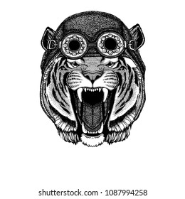 Cute animal wearing motorcycle, aviator helmet Wild tiger Hand drawn image for tattoo, emblem, badge, logo, patch, t-shirt