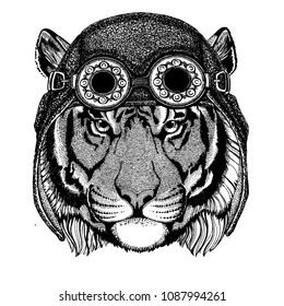 Cute animal wearing motorcycle, aviator helmet Wild tiger Hand drawn image for tattoo, emblem, badge, logo, patch, t-shirt