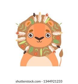 Cute Animal Wearing Traditional Tribal Headdress with Feathers, Leaves and Mushrooms Vector Illustration