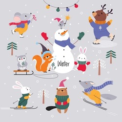 Cute Animal Wearing Warm Scarf And Hat Enjoying Winter Season Skiing And Ice Skating Vector Set