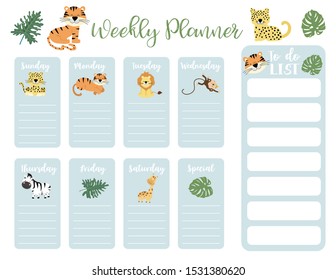 cute animal weekly planner background with giraffe,tiger,lion,leopard.Vector illustration for kid and baby.Editable element