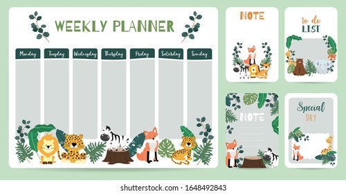 cute animal weekly planner background with giraffe,tiger,lion,leopard.Vector illustration for kid and baby.Editable element