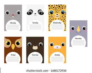 Cute Tier-Planer Hintergrund mit Maus, Panda, Jaguar, Eule, Moschus Ochse, Hamster, Rhino. Sonnige Woche. Bearbeitbares Element. Flache Vektorillustration Stockillustration für Kinder und Jugendliche.